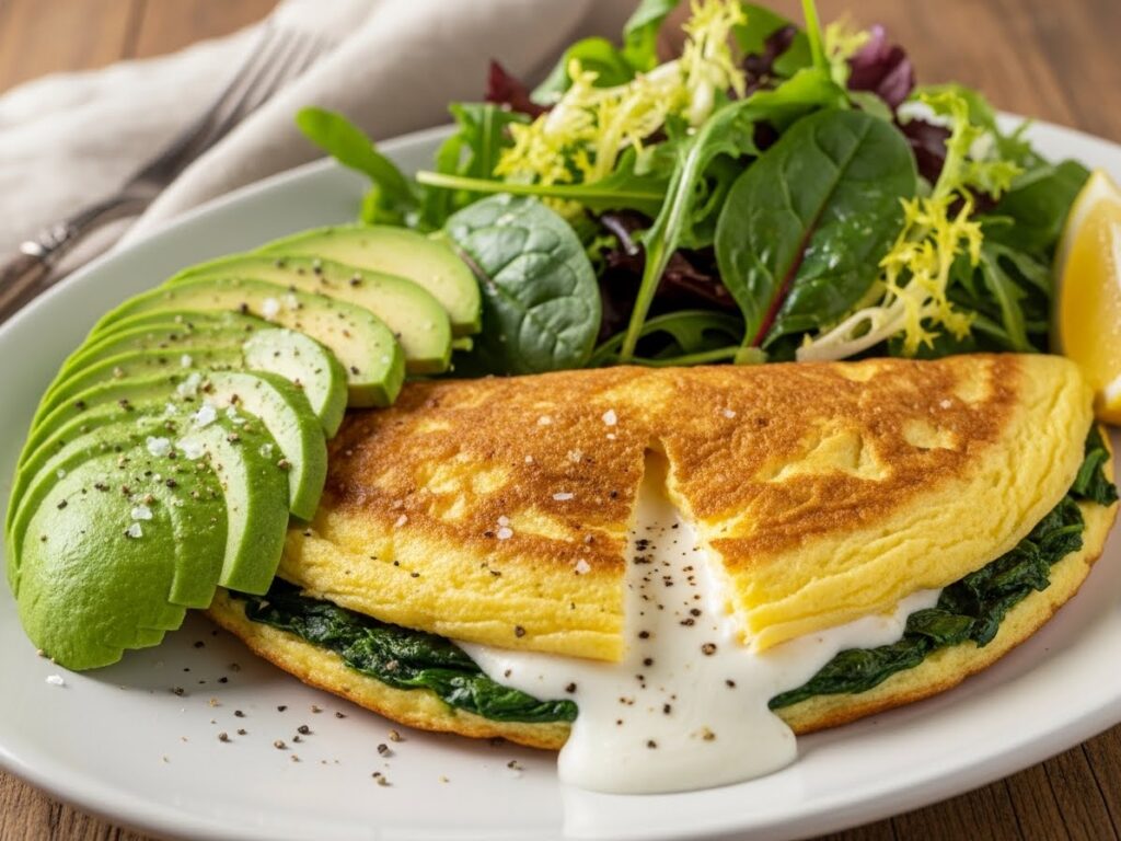 Spinach Burrata Omelet with Avocado Greens Recipe